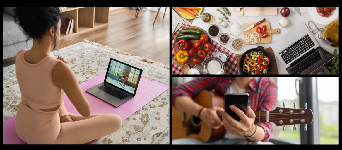 Photo collage of person doing yoga, cooking and playing guitar.