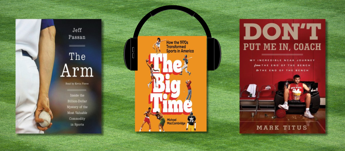 Sports field with book covers and headphones