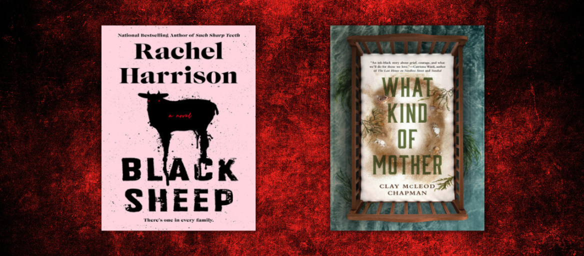 A blood-red background and the covers of "Black Sheep" and "What Kind of Mother."