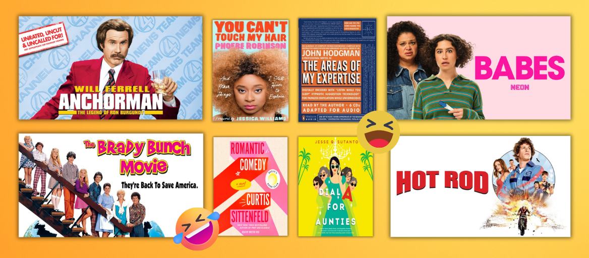 Funny audiobooks and film comedies with laughing emojis on a bright yellow background