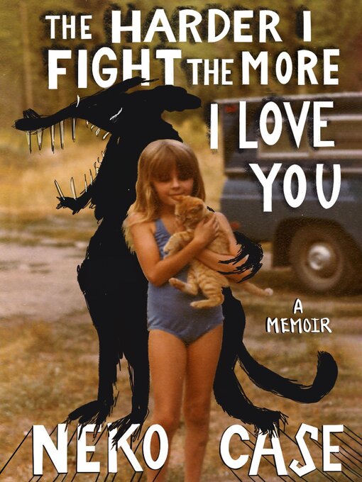 A vintage-style photograph of a young girl in a blue swimsuit holding an orange tabby cat. Behind her is a black illustration of a haunting dog or wolf silhouette.