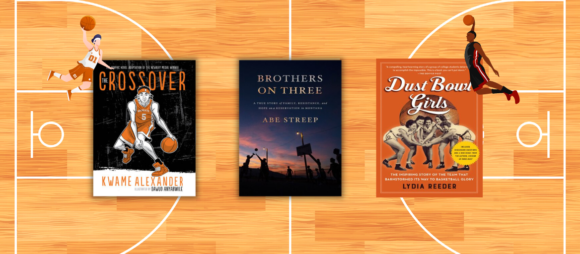 Three basketball-themed books with a basketball court in the background and illustrated images of players slam dunking