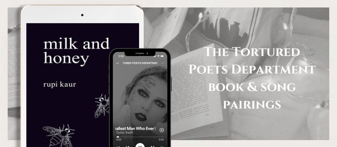 A tablet featuring the book "Milk and Honey" with a phone playing Taylor Swift's new album with the headline: The Tortured Poets Department Book and Song Pairings