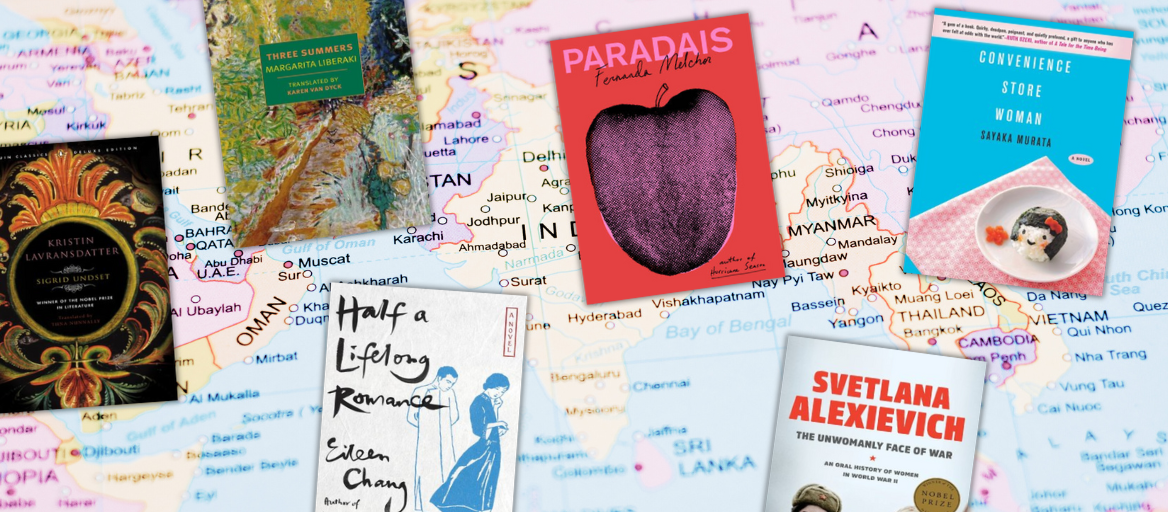 A world map in the background with featured book covers by women in translation