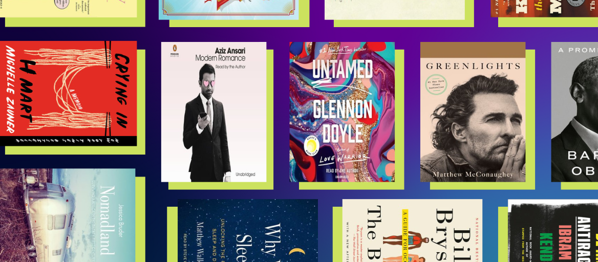 A selection of nonfiction book covers on a purple and green background