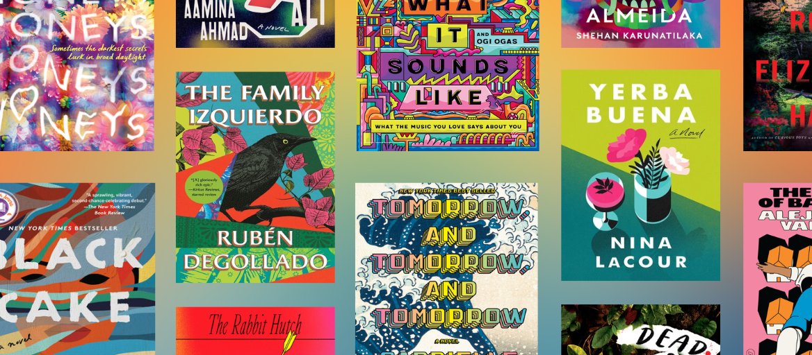 A variety of book covers from 2022 on a colorful background