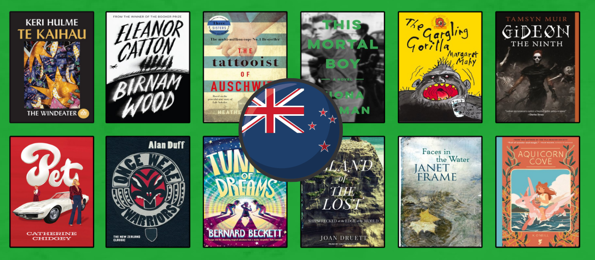 Book covers on a green background with New Zealand flag