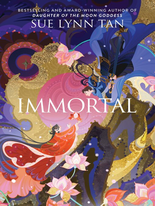 A richly illustrated fantasy cover featuring a regal young woman in a flowing red robe standing before a celestial backdrop of swirling clouds and stars. She holds a glowing flower, and above her looms a young man with golden eyes—likely the God of War. The title 
