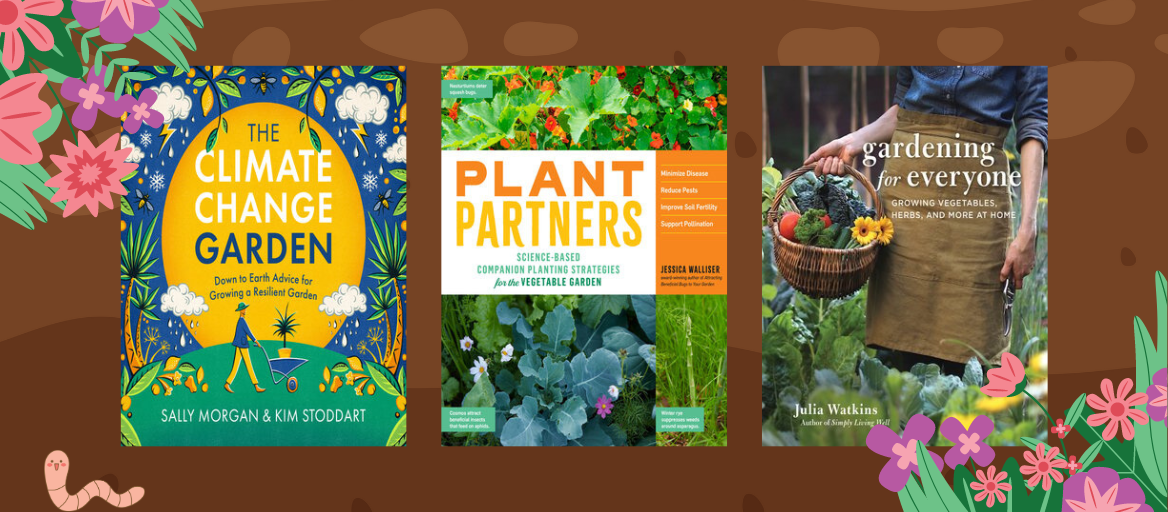 Featured gardening books with decorative flowers and a dirt background