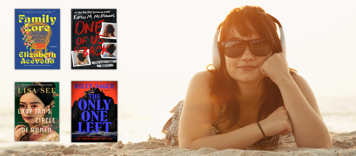 To the left: Featured audiobook covers. To the right: A woman lays on the sand with headphones and sunglasses on, smiling. 