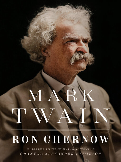 A sepia-toned photograph of Samuel Clemens, known by his pen name Mark Twain, seated in a relaxed pose. He is dressed in a light-colored suit, with his signature white hair and mustache, exuding a contemplative demeanor. The background is a black, textured backdrop that complements the vintage aesthetic.