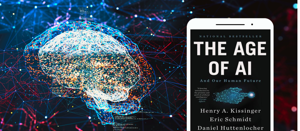Computer image of brain circuitry with a tablet featuring the book "The Age of AI."