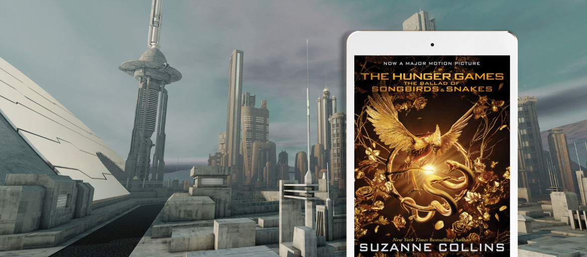 Futuristic city with skyscrapers and a tablet featuring the ebook "The Ballad of Songbirds and Snakes."