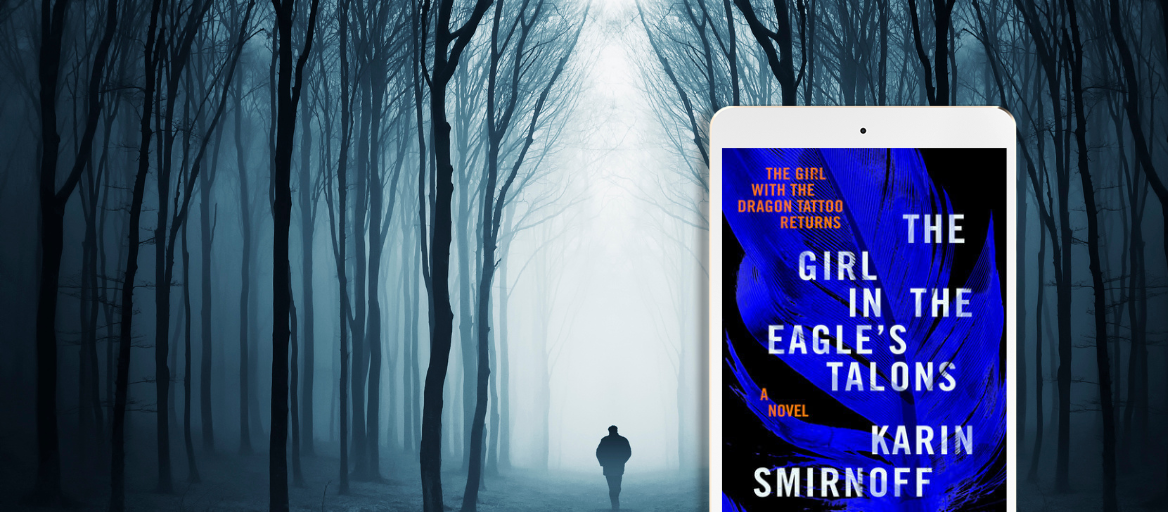 A figure of a person walks on a path in a dark forest. A tablet features the book "The Girl in the Eagle's Talons."