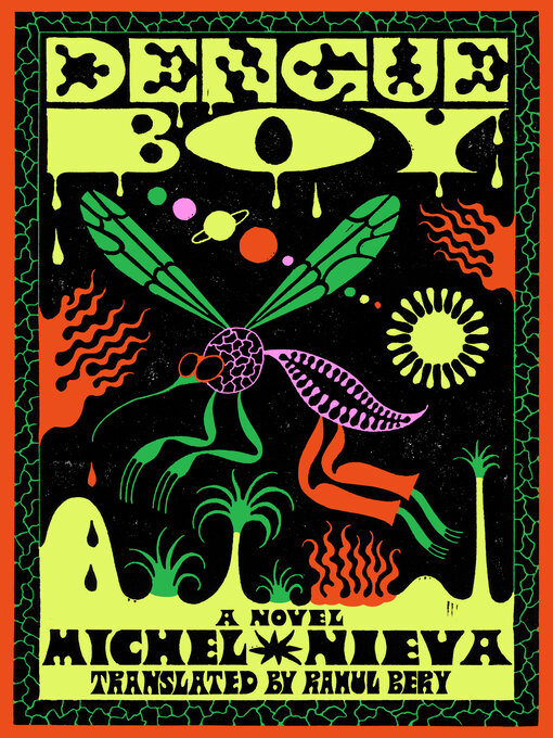 A striking book cover with a bright yellow font and illustrations. The central image is a stylized, green and purple illustration of a humanoid mosquito with elongated limbs and wings, rendered in a punk-art style. 