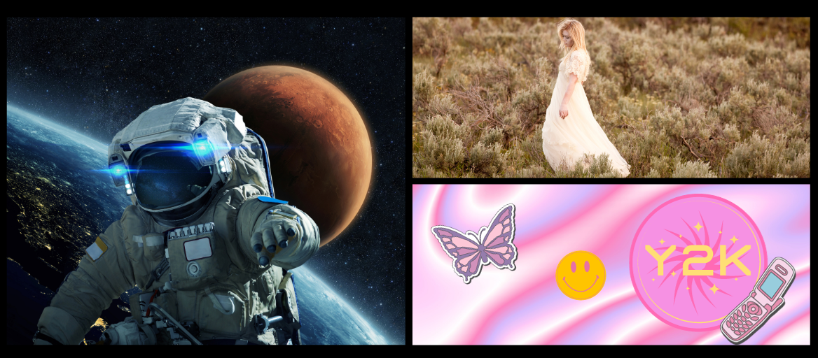 Three images including an astronaut in space, a woman wearing a white dress in a field and an illustrated butterfly and smiley face against a pink and purple background.