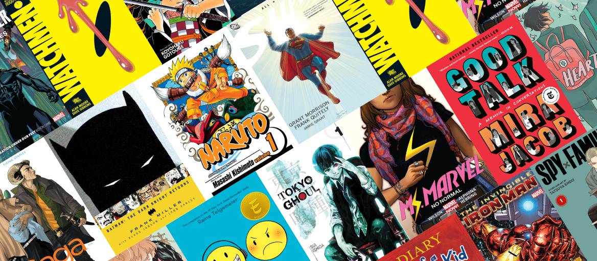 A collage of comics, graphic novels and manga book covers