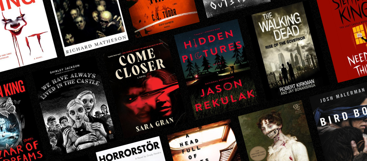 A collage of horror books on a black background.