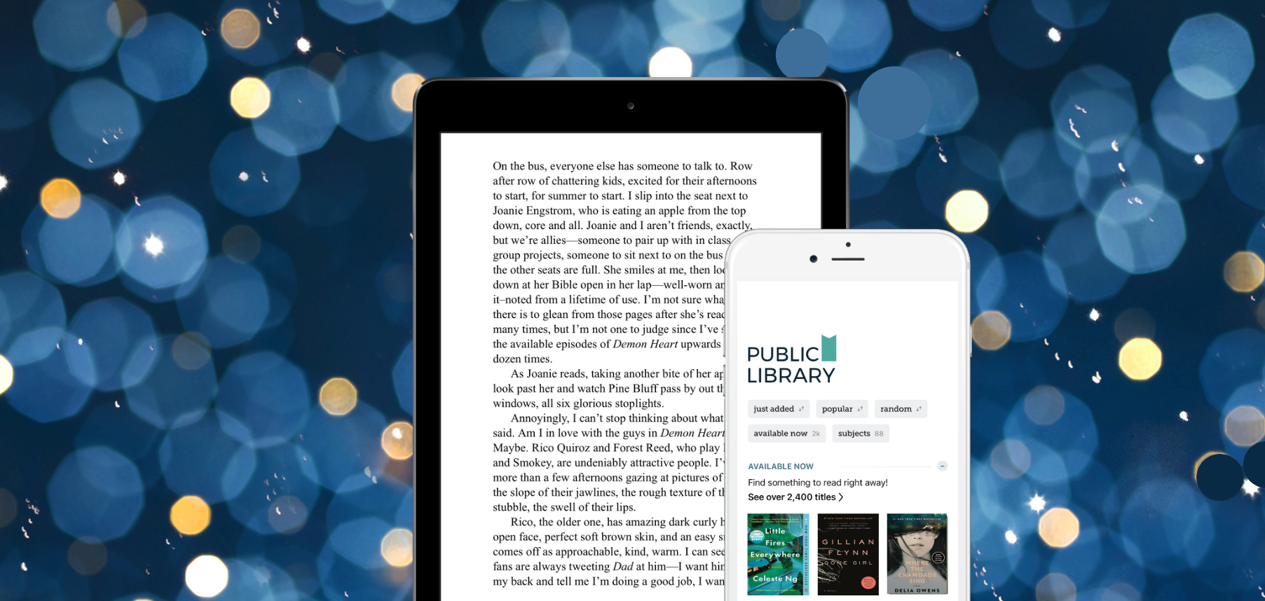 Image of text on an iPad and an iPhone with the Libby app interface. In the background, lights are displayed on a dark blue background.