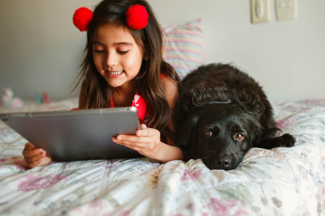 Child reads an iPad on a bed next to a dog