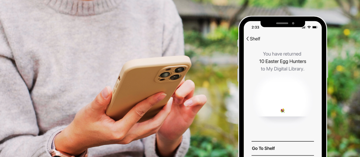 To the left, a person looks at their smartphone. To the right, a smartphone displays the "return" page in the Libby app. 