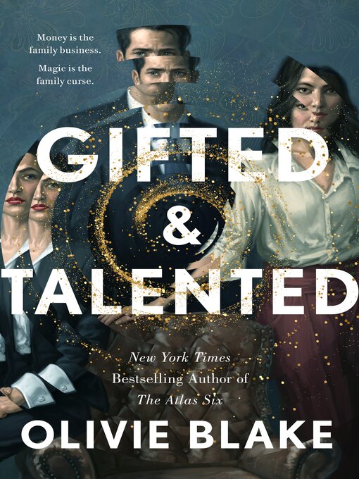 A formal, painterly portrait of a group of three well-dressed adults, one man and two women, seated and standing with serious expressions. Gold magical sparkles swirl around them.
