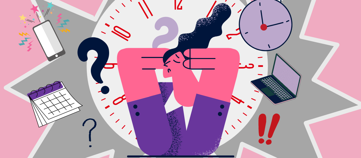 Illustration of a person looking stressed with a large clock behind them