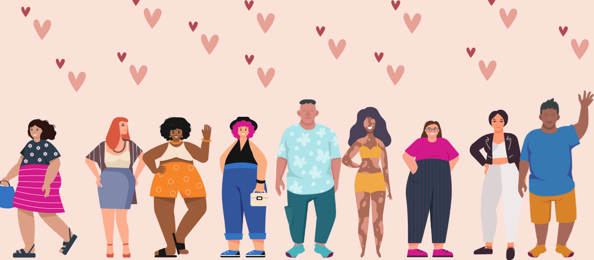 Illustrated people of all shapes and sizes with hearts in the background