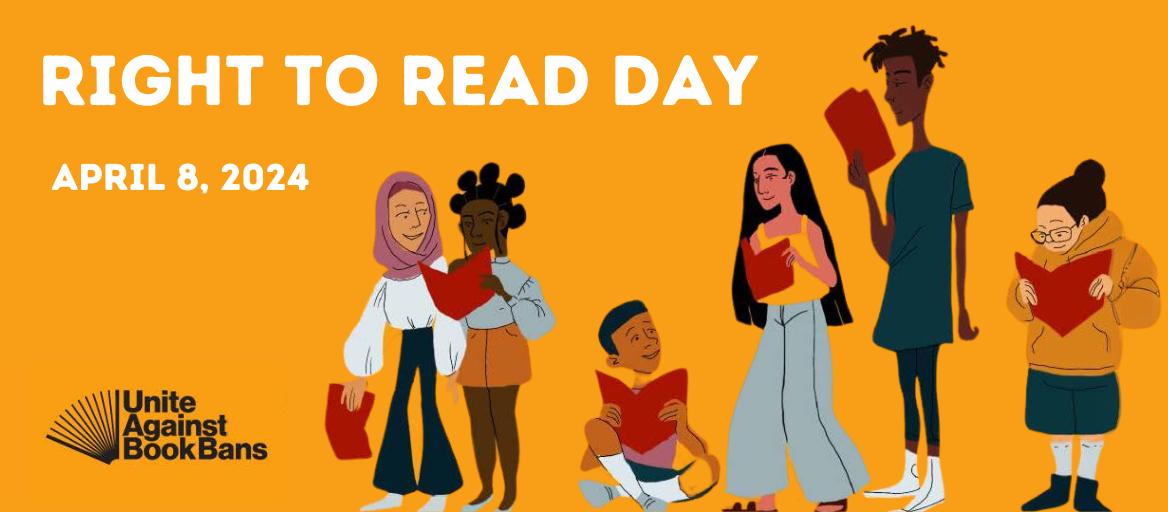 Illustration of people reading books and headline: Right to Read Day, April 8