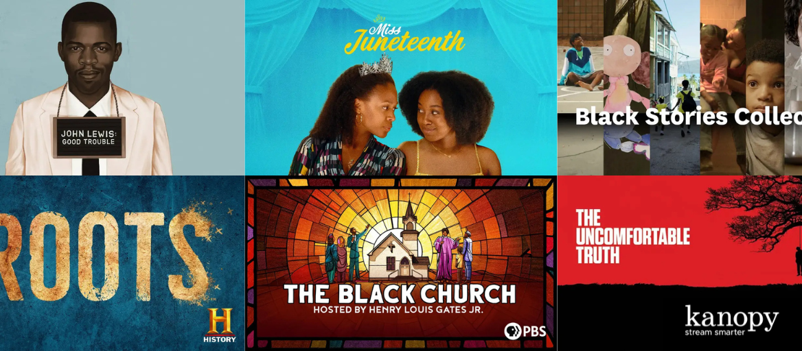 A lineup of Juneteenth film covers