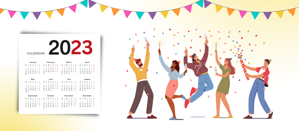 A calendar of the year 2023 with illustrated people celebrating with party hats and confetti