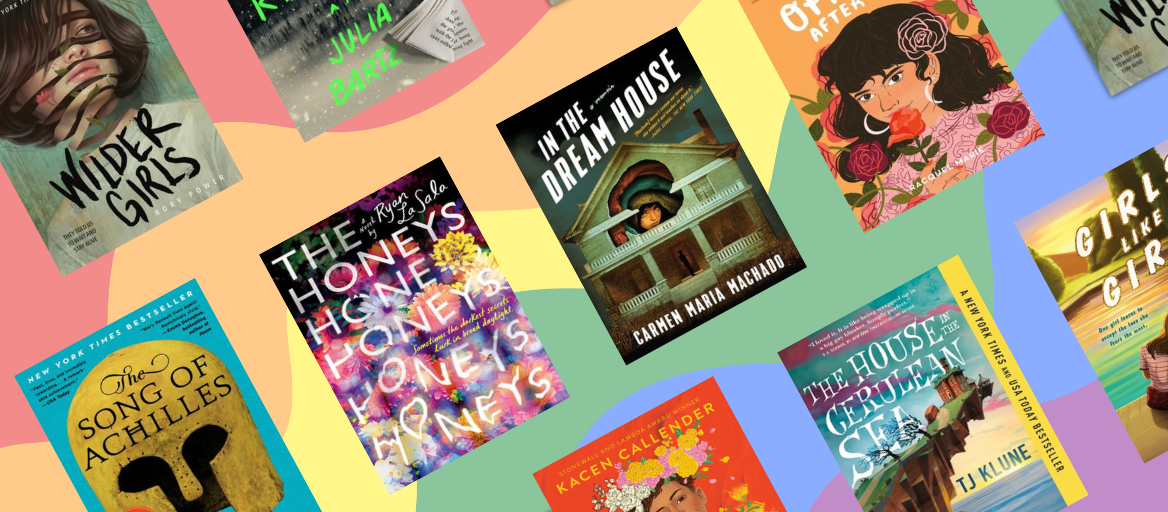 A collage of book covers against a rainbow background