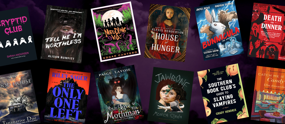 A collage of book covers over a creepy-looking dark purple sky with clouds