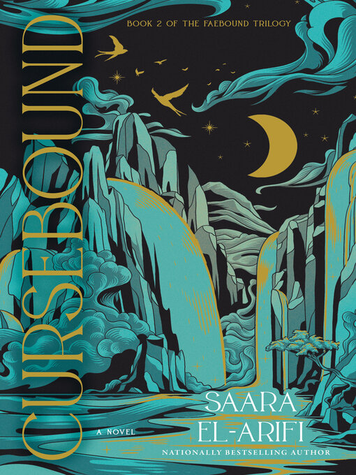 A serene yet mystical landscape dominated by cool blue tones, the scene showcases a tranquil valley where two waterfalls cascade into a still lake, all set against the backdrop of a starry night sky. A luminous crescent moon hangs above, with silhouettes of birds in flight adding a sense of movement.