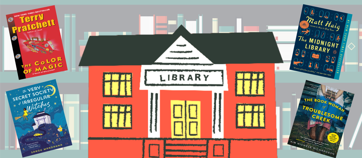 Illustrated library building with featured books with librarian main characters.