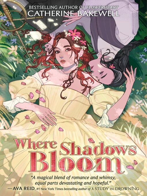 Two young women lay next to each other in a lush, dreamlike landscape. One has long, flowing hair and wears a delicate gown, while the other has darker attire and a sword at her side. 