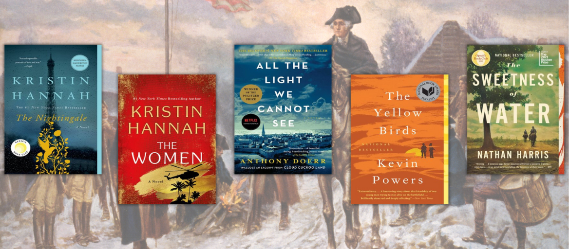 Painting of soldier in Revolutionary War and featured books set during wartime