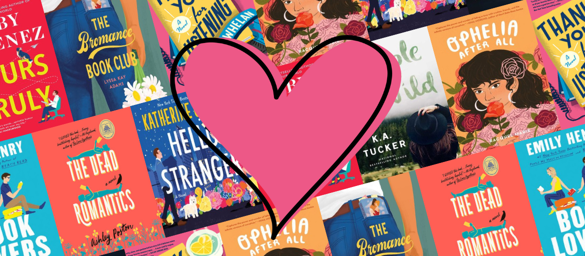 A collage of romance book covers with a large pink illustrated heart overtop in the center.