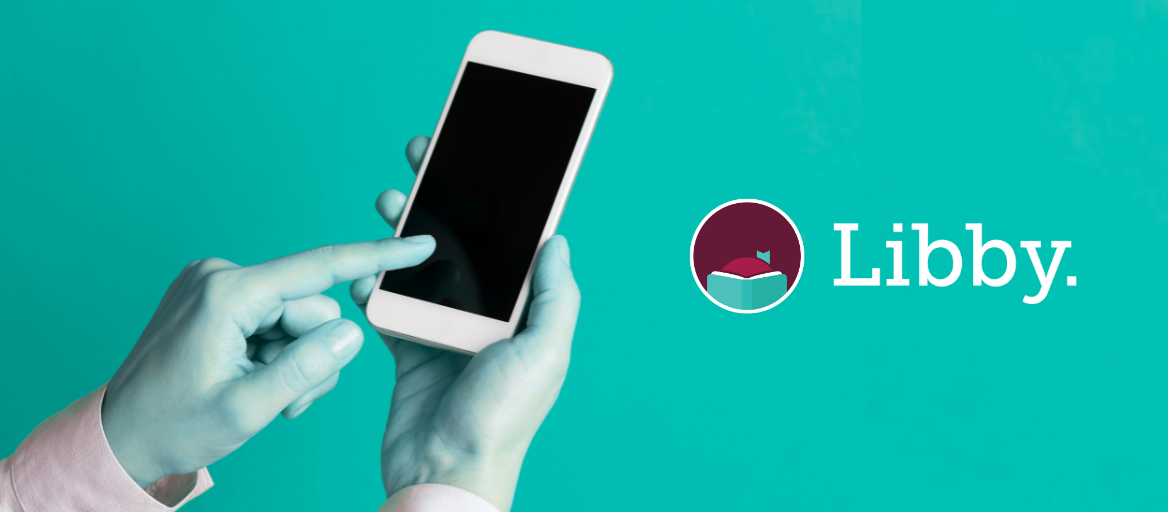 Hand holding a smartphone and the Libby app logo