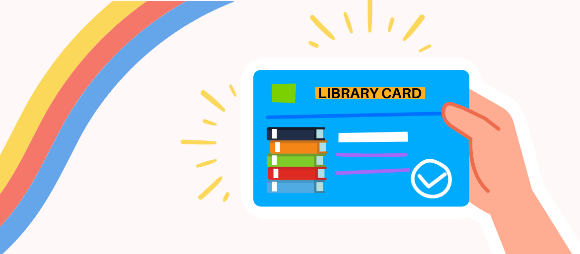 An illustrated library card with a colorful rainbow in the background