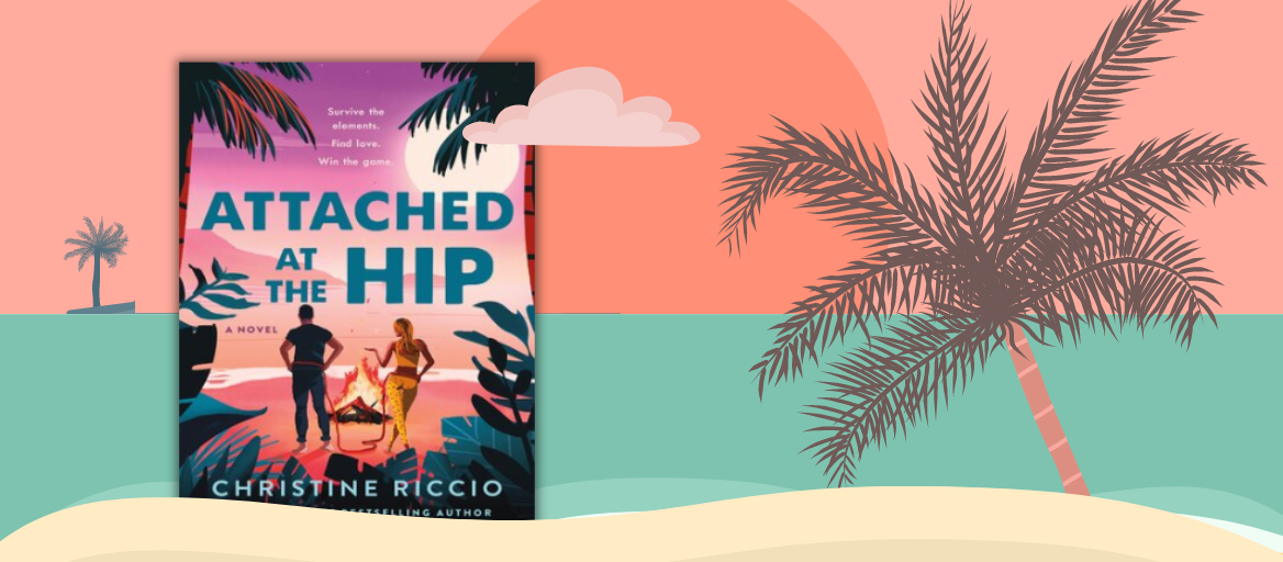 Illustrated beach scene with Christine Riccio's book "Attached at the Hip" in the sand
