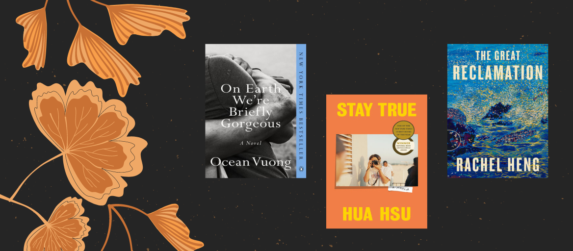 Orange flowers on a black background with 3 book covers featuring titles for AAPI Heritage Month