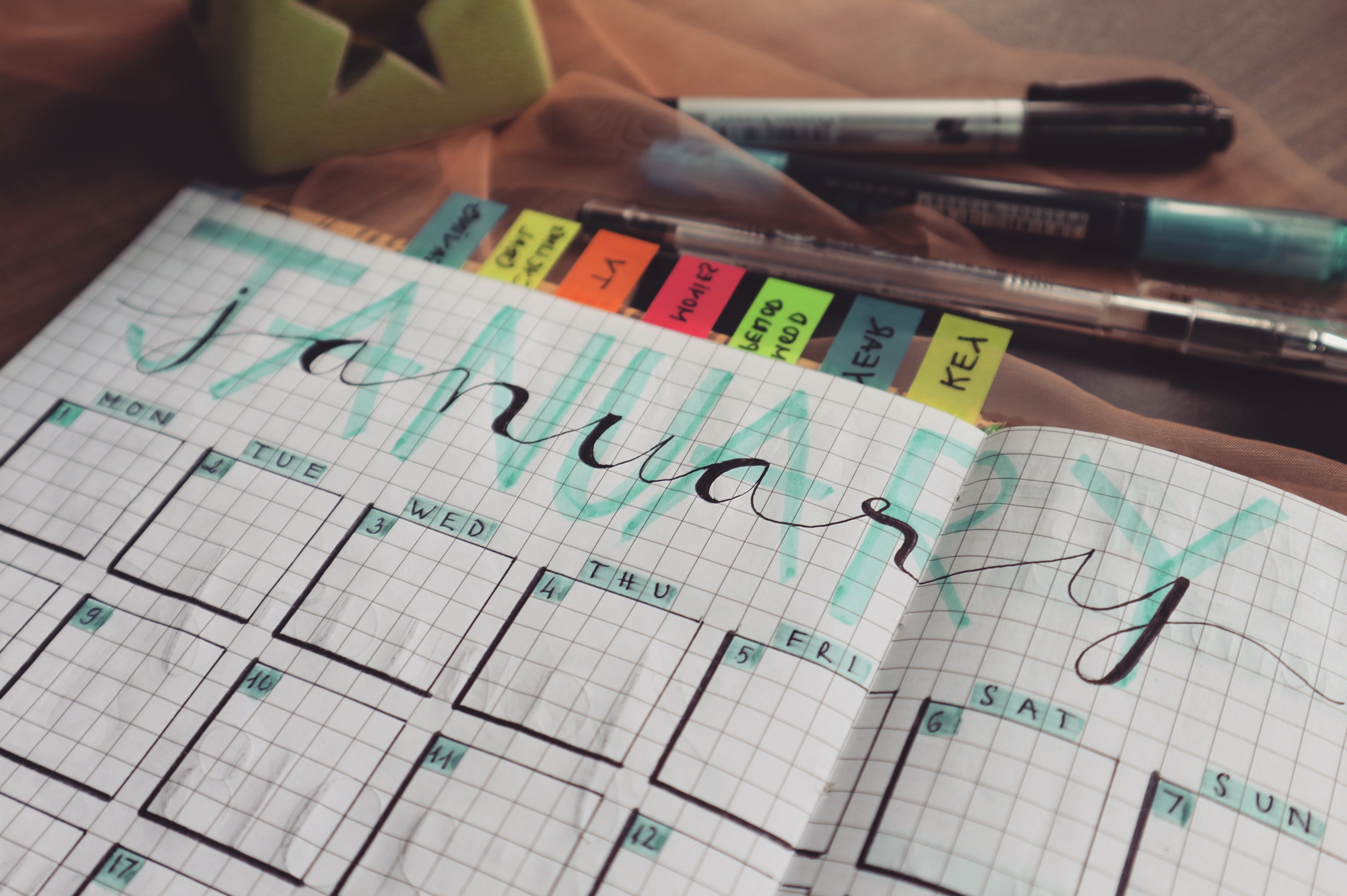 A decorated weekly planner with sticky notes showing the days of the week