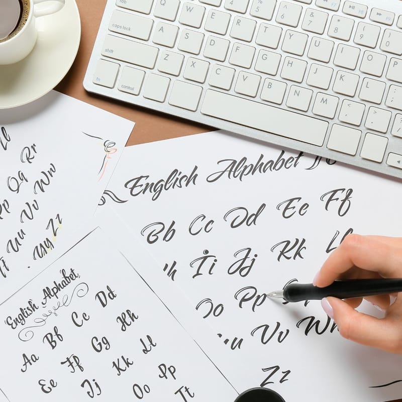 A hand writing the letters of the English alphabet on pieces of paper
