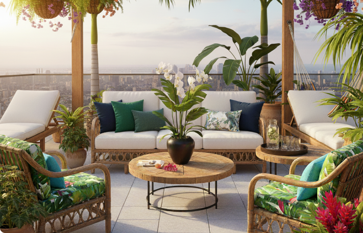 Colores vibrantes y tropicales para terrazas