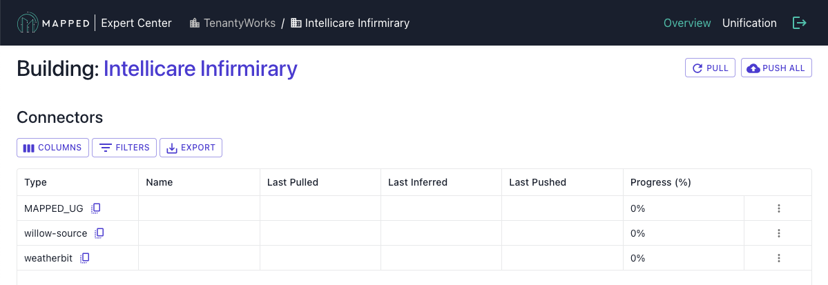 Screenshot of Mapped Expert Center Building Overview for the Intellicare Infirmirary building, with a table of connectors.