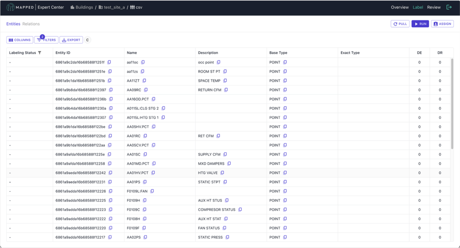 Screenshot of the Labeling page from an example organization and CSV Connector, showing a table with Labeling Status, Entity ID, Name, Description, Base Type, Exact Type, DE, and DR.
