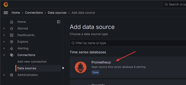 Screenshot of Grafana > Connections > Data sources, Add Data Source with an arrow pointing to Prometheus under Time series databases.