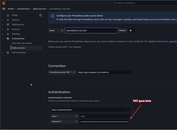 Screenshot of the Grafana Prometheus connection configuration, including Name, Connection, and Authentication.