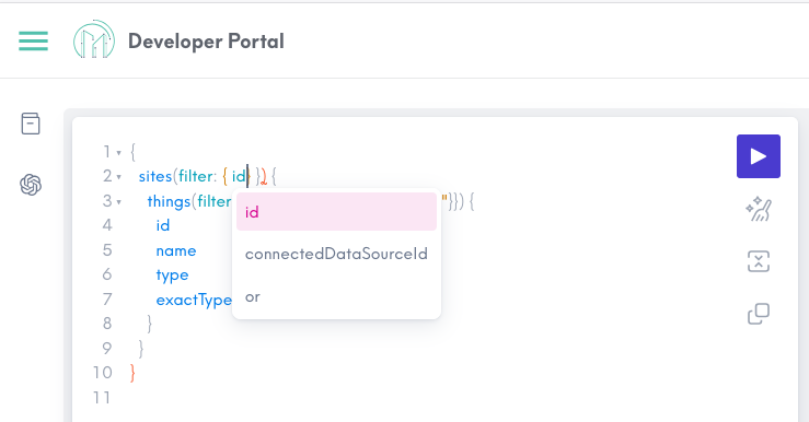 Screenshot of the GraphiQL Explorer with a tooltip hint under a filter expression.